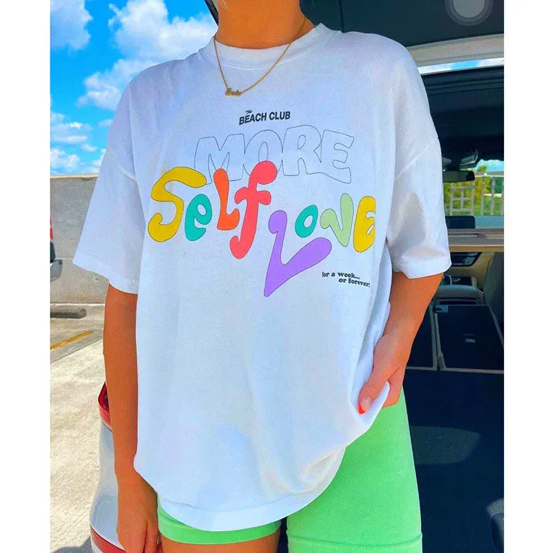-Retro sports style outfit streetwear 90s fashion Women Graphic Printing Self Love White Loose T shirts Short Sleeve Cotton Vintage Top  Summer Ins Fashion Y2K Street Shirts
