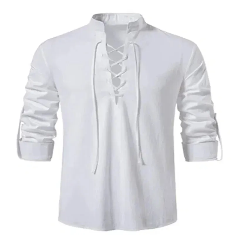 2022 New Men's V-neck shirt T-shirt Fashion Vintage Thin Long Sleeve Top men Casual Breathable  Front Lace Up man Shirts