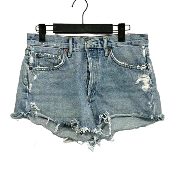 AGOLDE Distressed Parker Shorts Women's Sz 26 Button Fly Light Wash Raw Hem