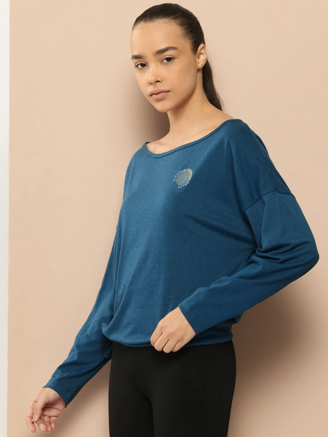 Alcis Women Typography Detail Drop-Shoulder Sleeves Yoga T-shirt