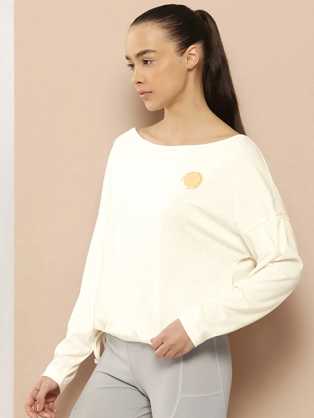 Alcis Women Typography Detail Drop-Shoulder Sleeves Yoga T-shirt
