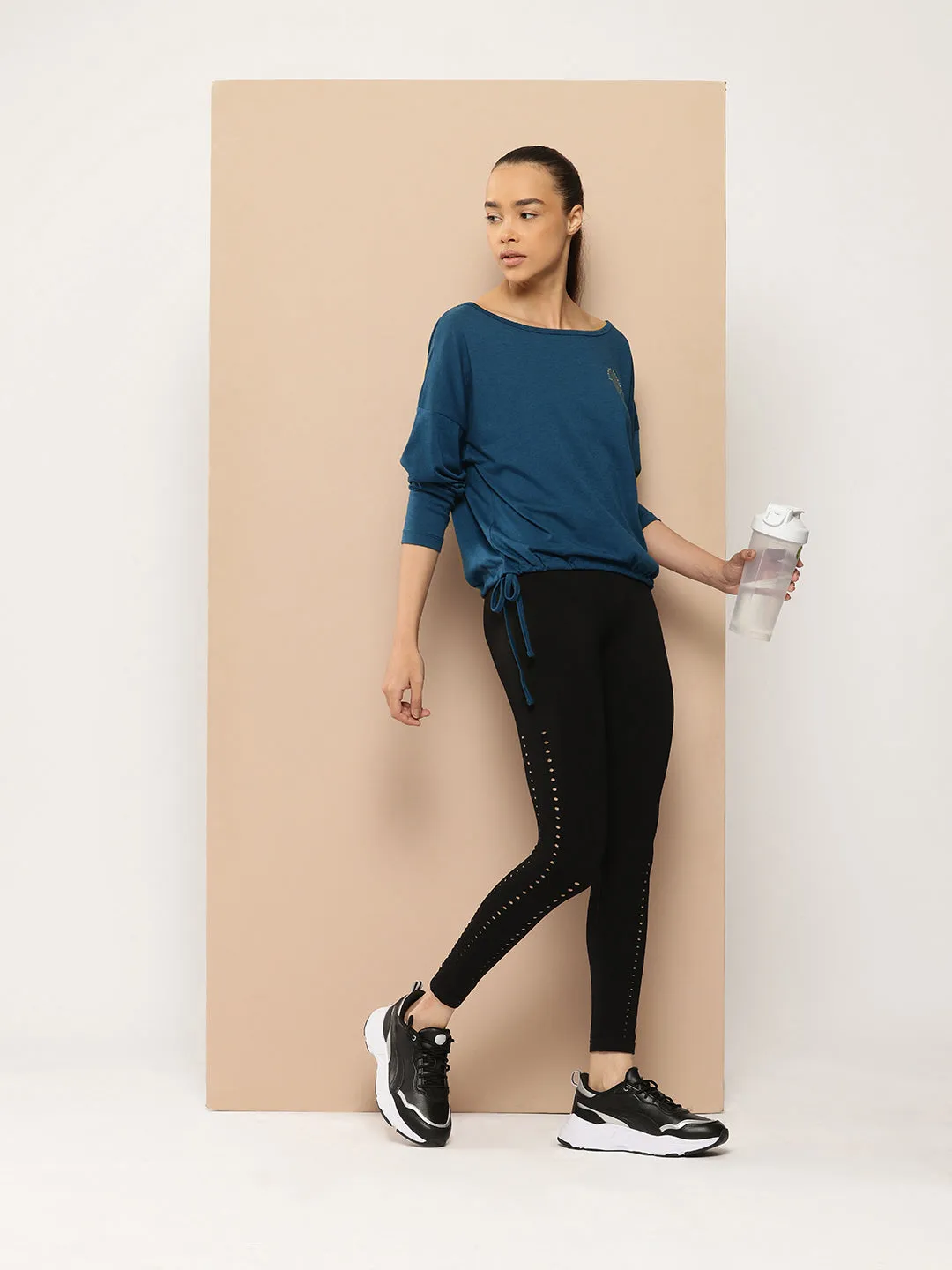 Alcis Women Typography Detail Drop-Shoulder Sleeves Yoga T-shirt