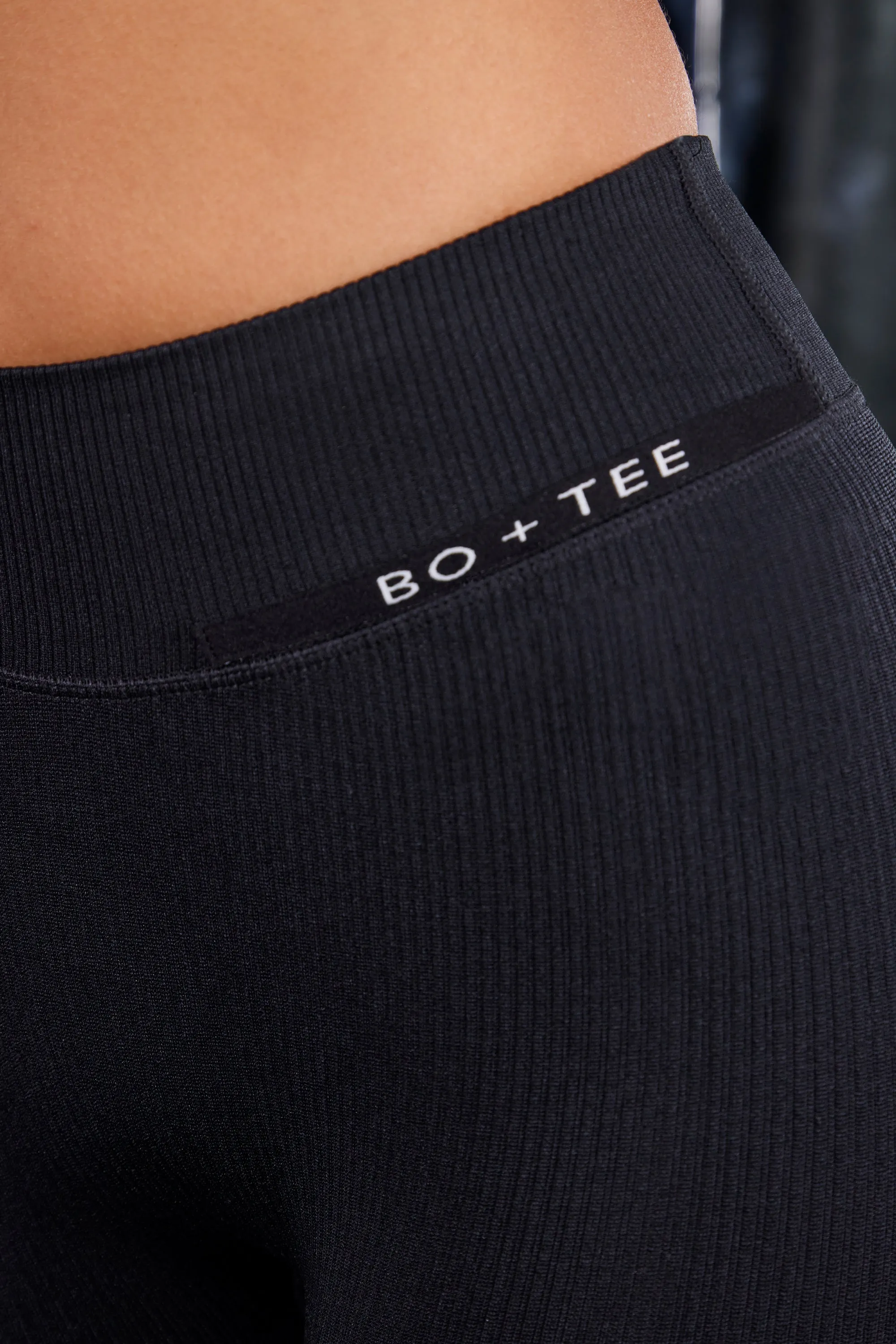 All Fired Up - Petite High Waist Split Flare Ribbed Leggings in Black