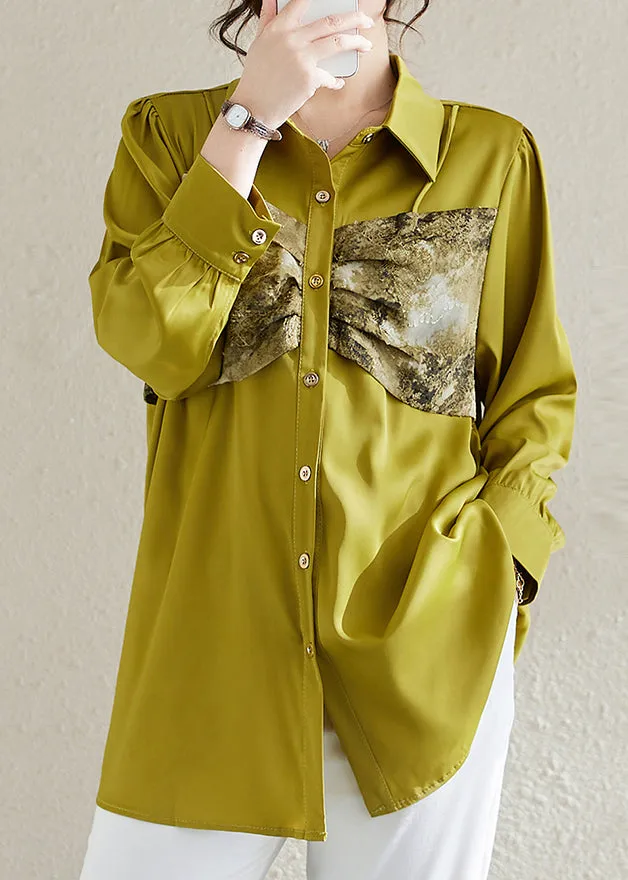 Art Fluorescent Green Patchwork Chiffon Shirt Top Spring