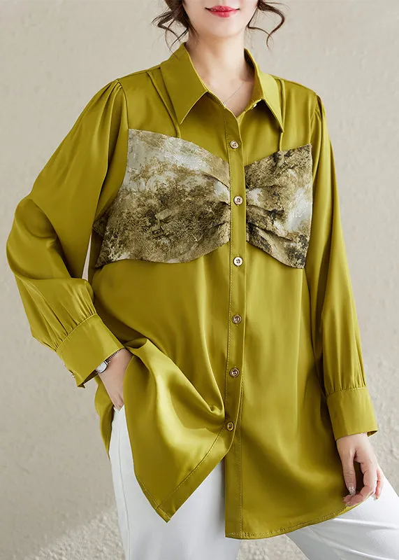 Art Fluorescent Green Patchwork Chiffon Shirt Top Spring
