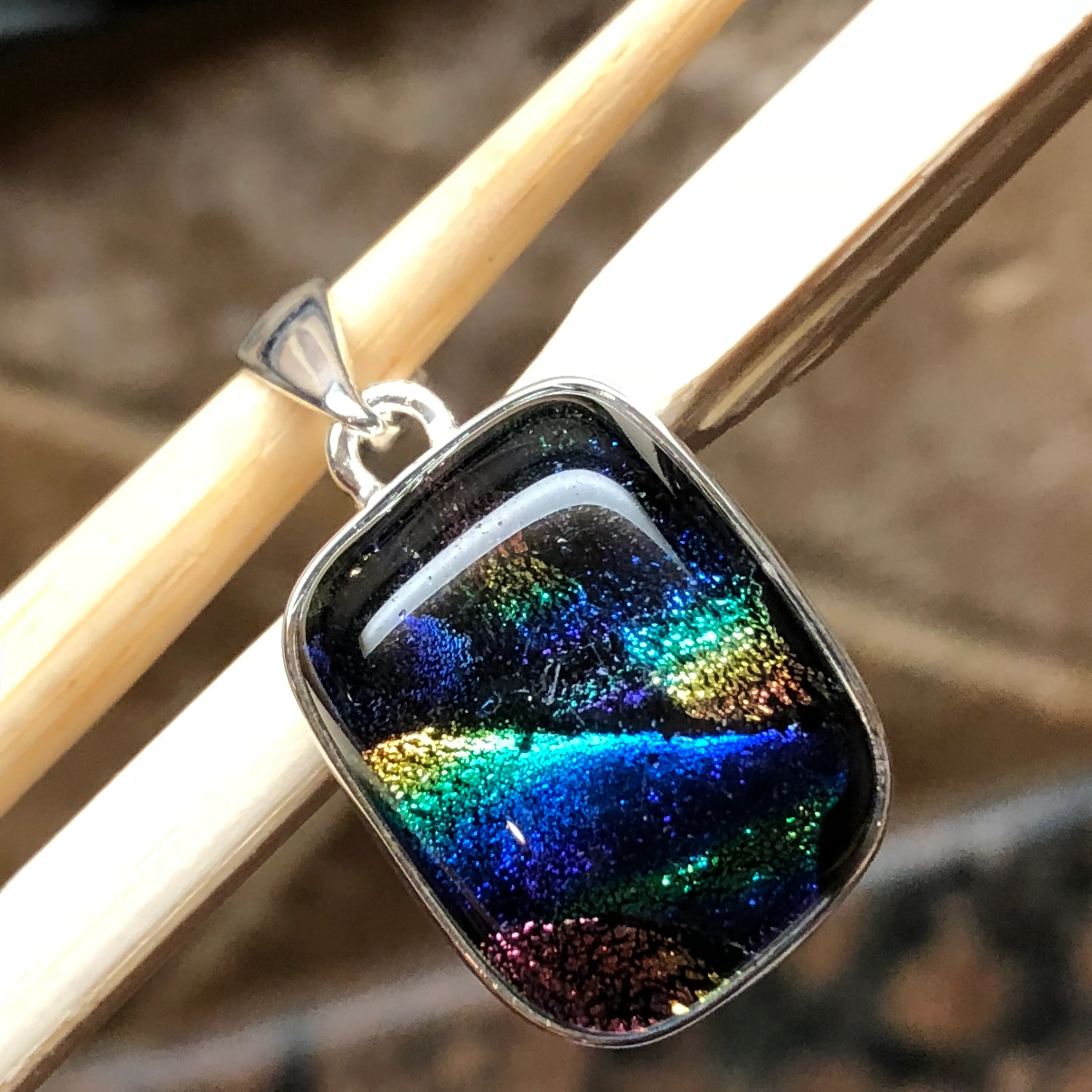 Beautiful Dichroic Glass 925 Solid Sterling Silver Pendant 30mm
