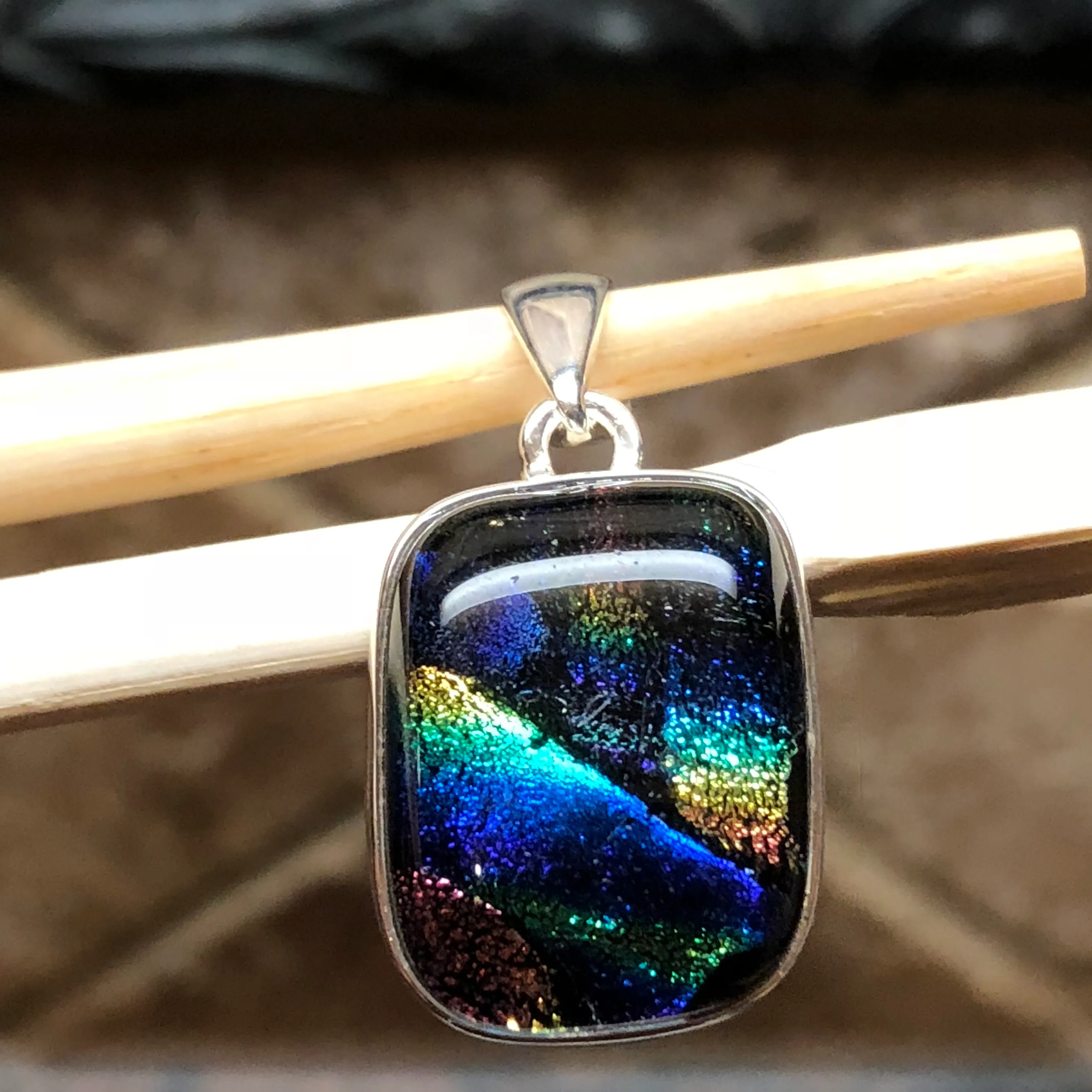 Beautiful Dichroic Glass 925 Solid Sterling Silver Pendant 30mm