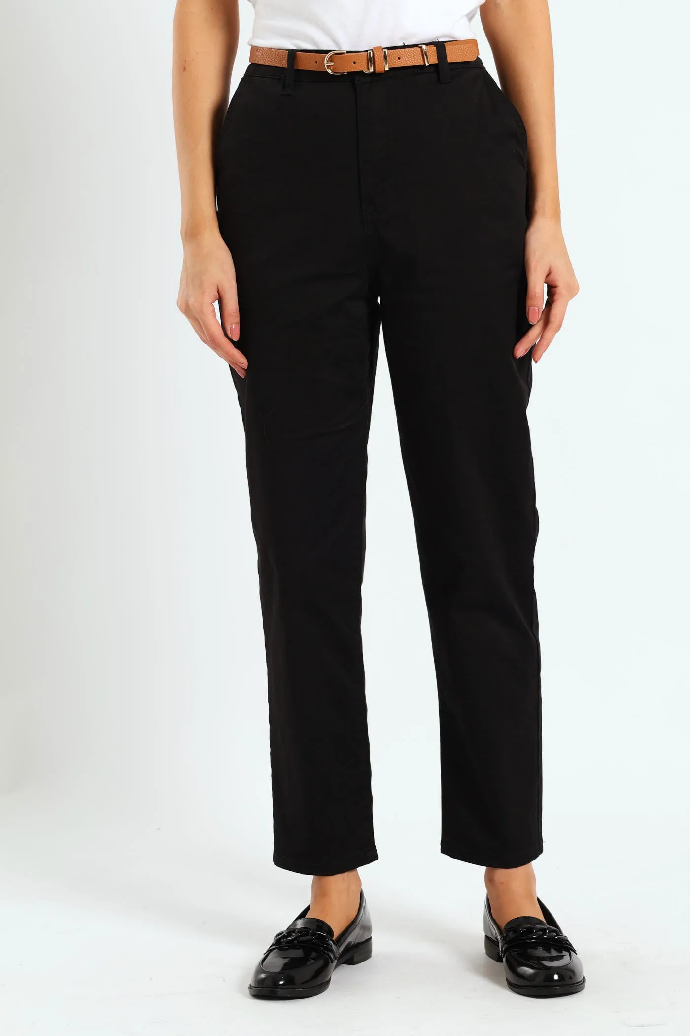 Belted Stretch Sateen Chino Pants - Black