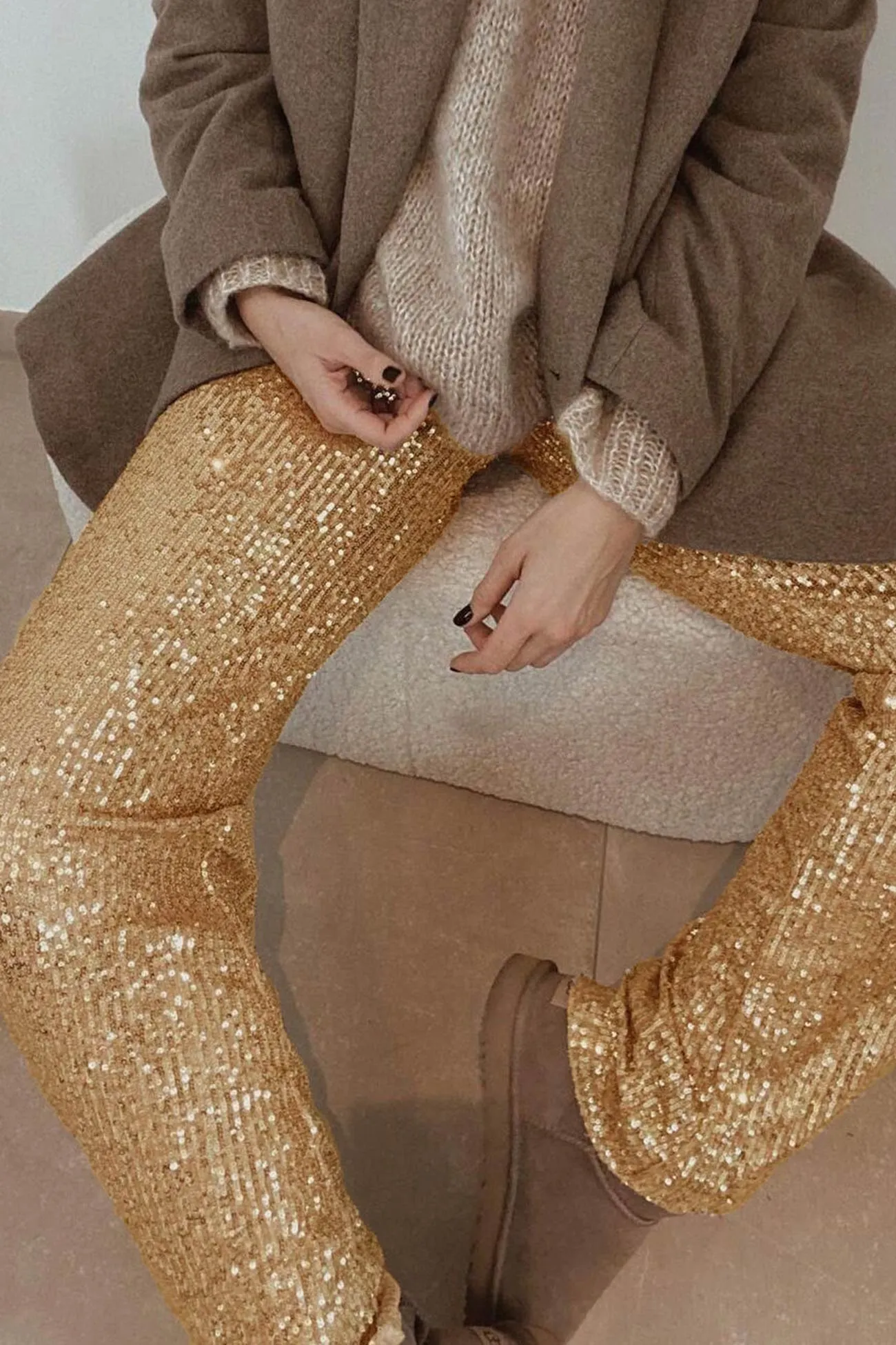 BerryBetty - Solid Sequins Straight Long Pants