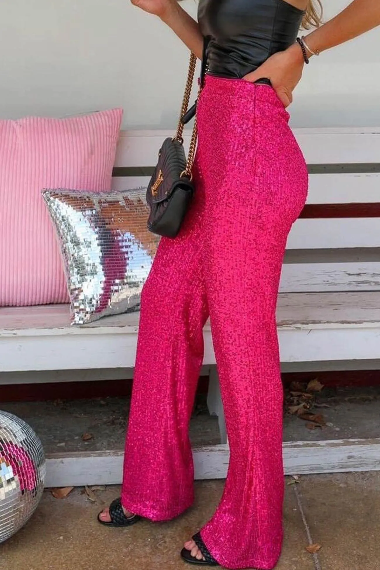 BerryBetty - Solid Sequins Straight Long Pants
