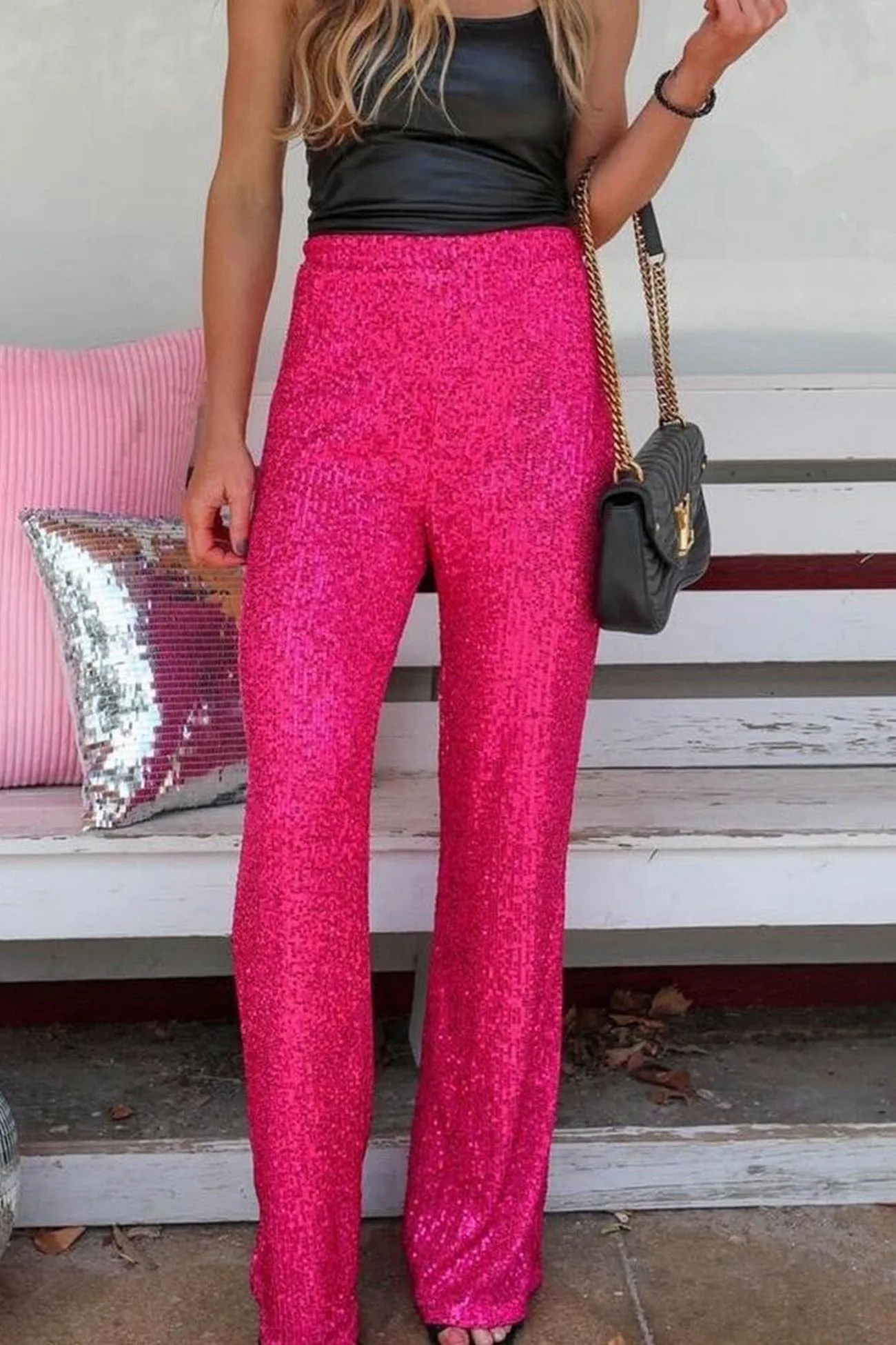 BerryBetty - Solid Sequins Straight Long Pants