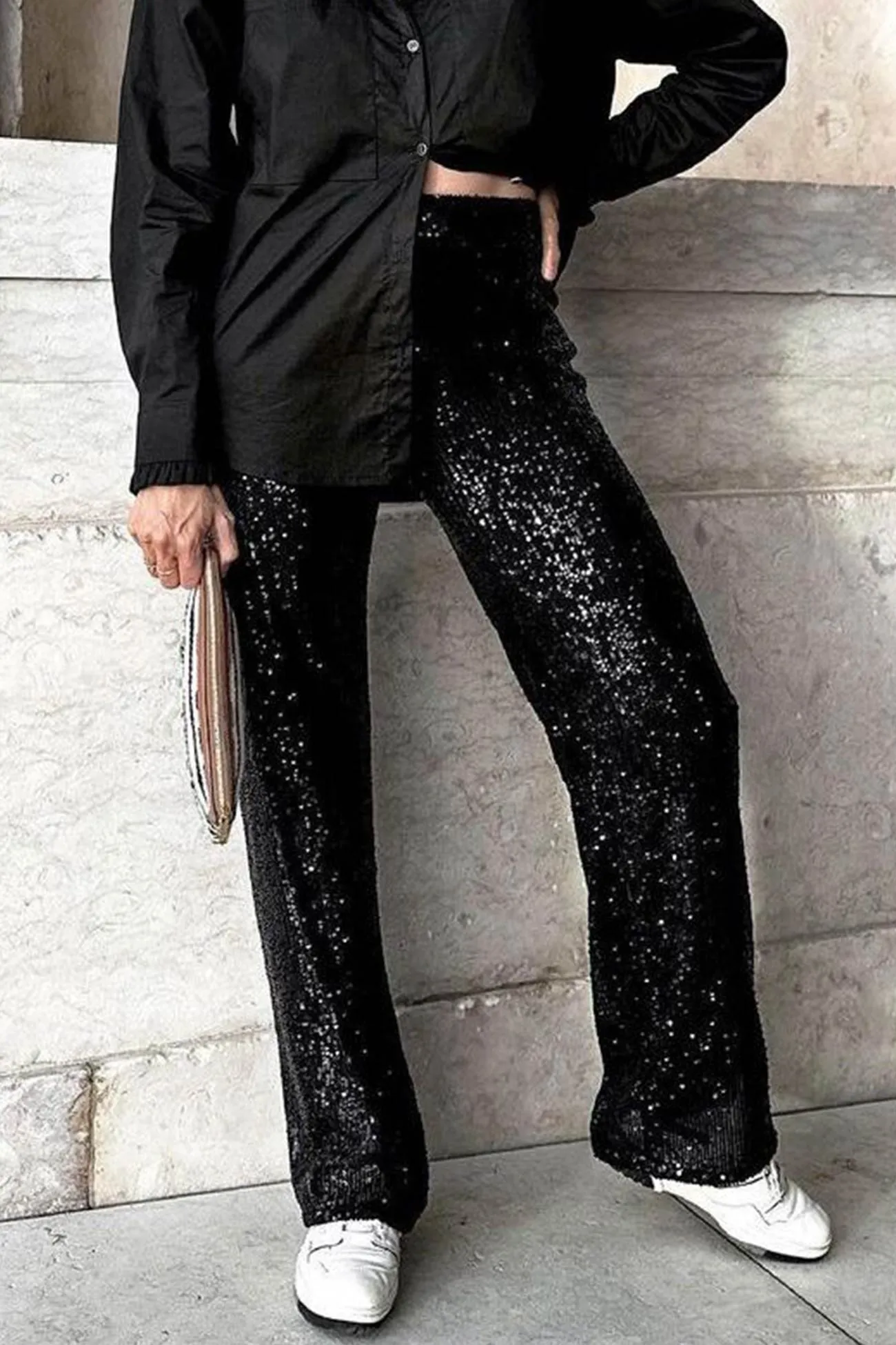 BerryBetty - Solid Sequins Straight Long Pants