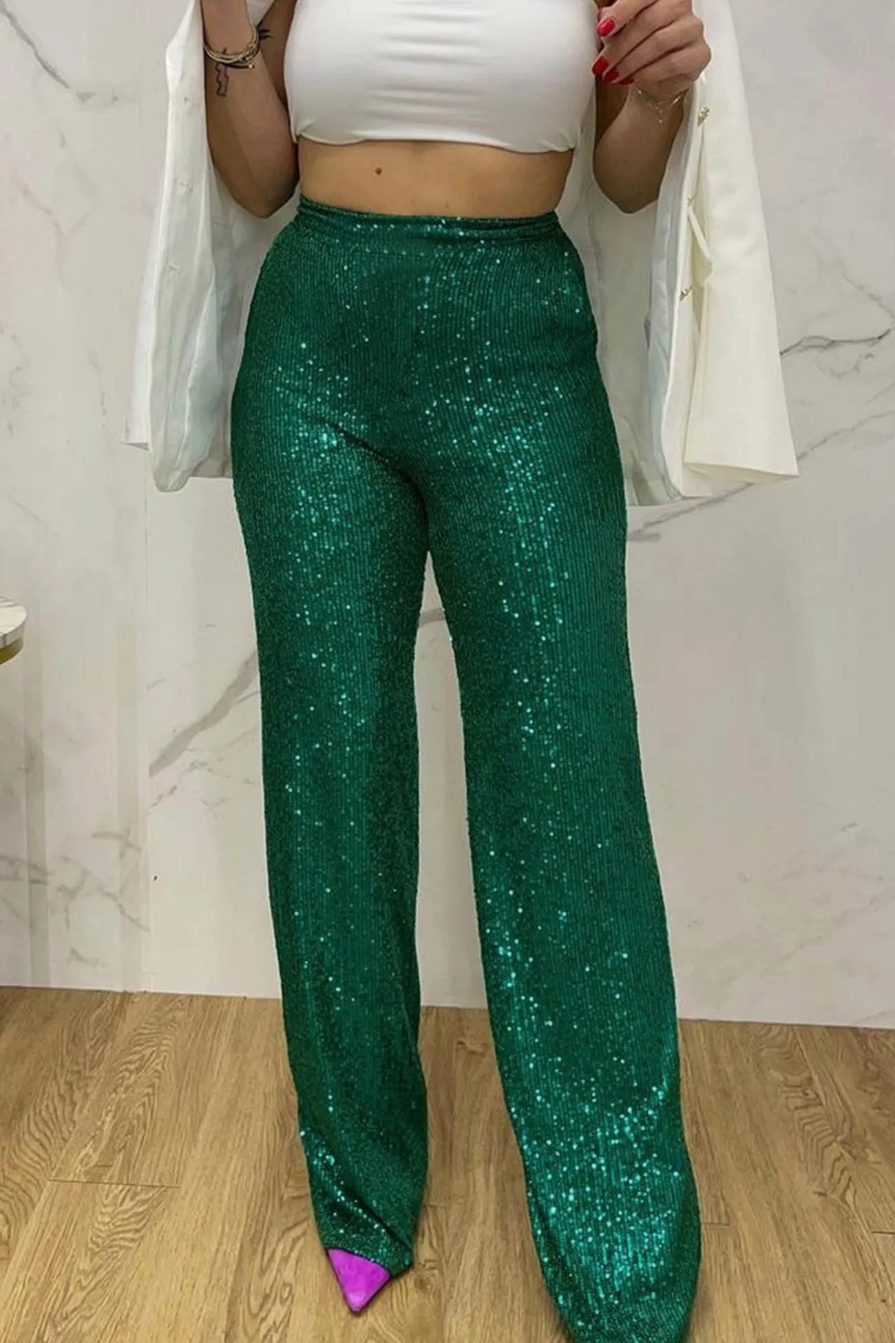 BerryBetty - Solid Sequins Straight Long Pants