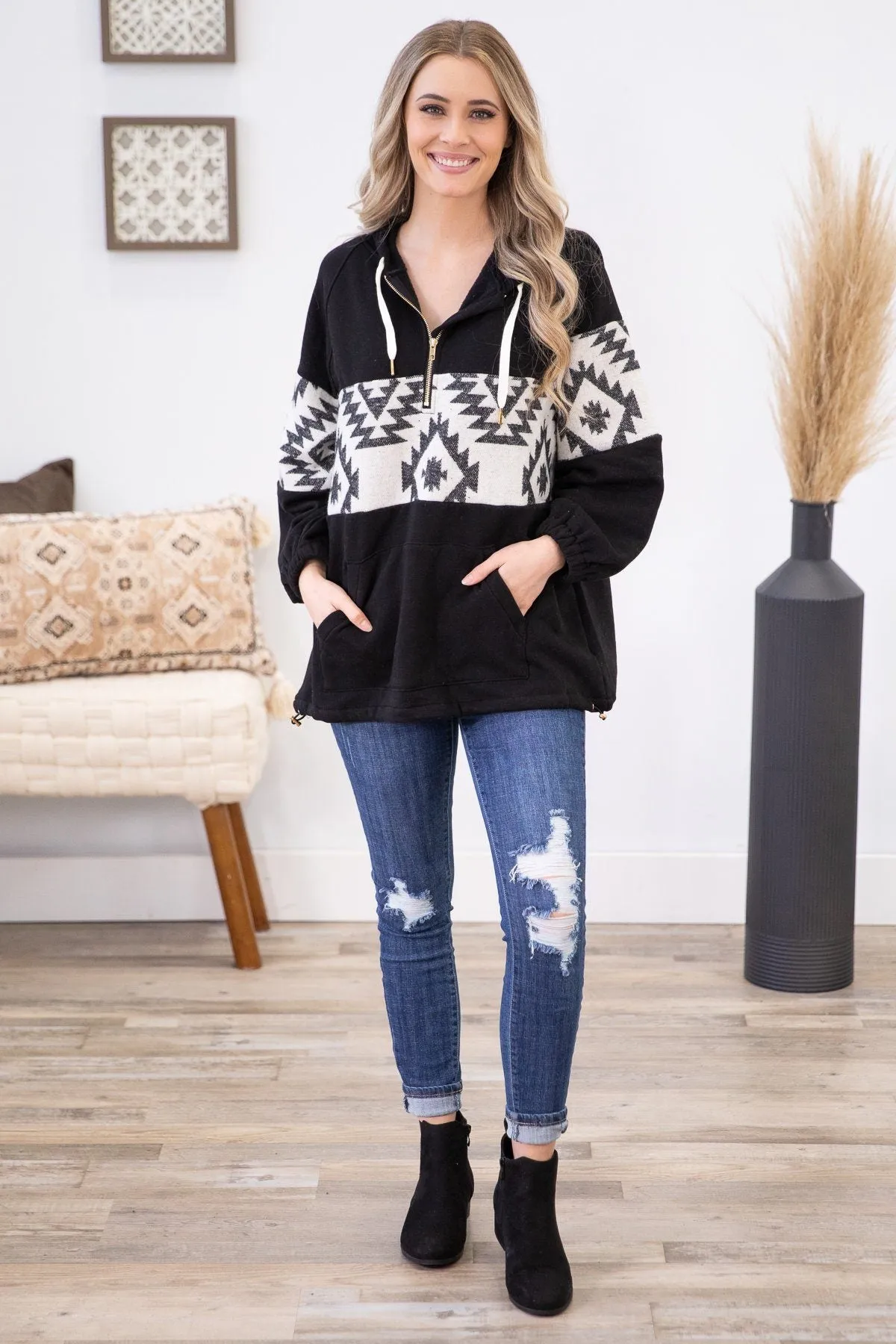 Black 1/4 Zip Pullover with Aztec