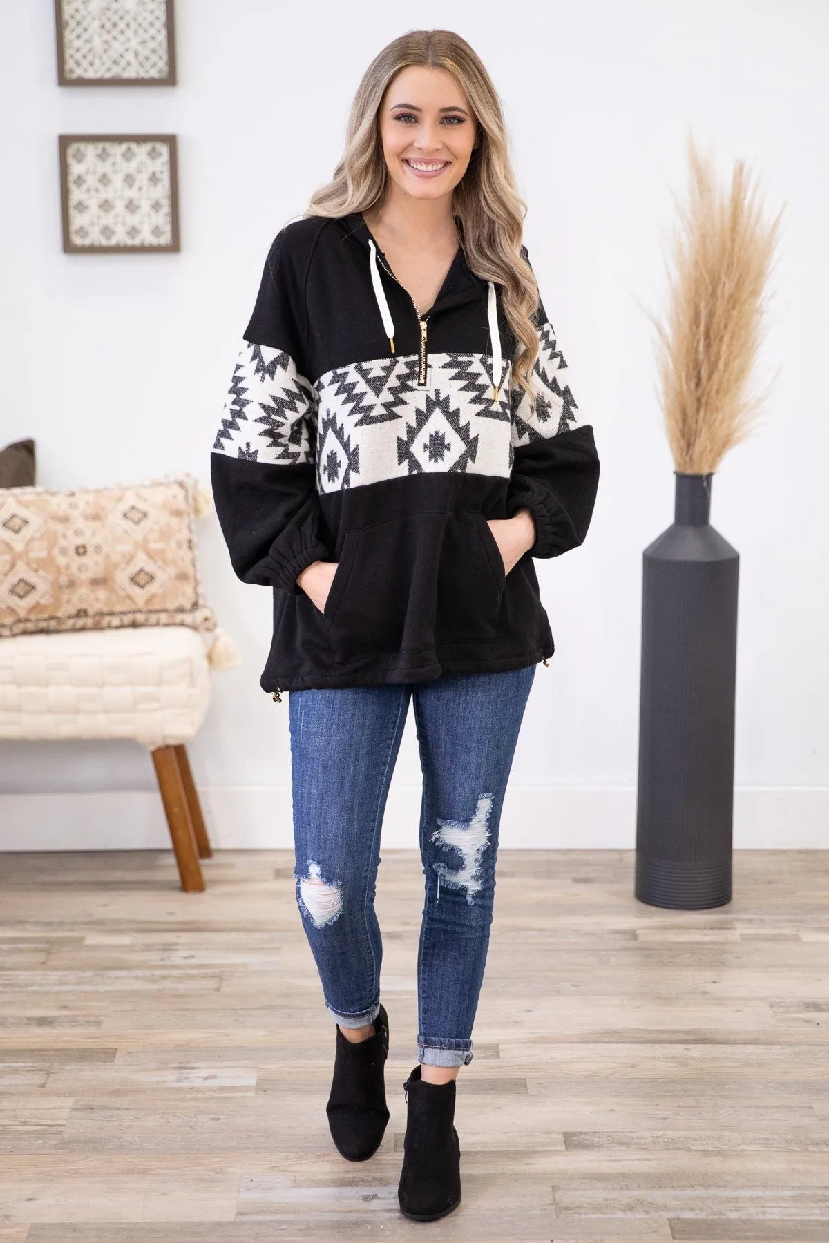 Black 1/4 Zip Pullover with Aztec