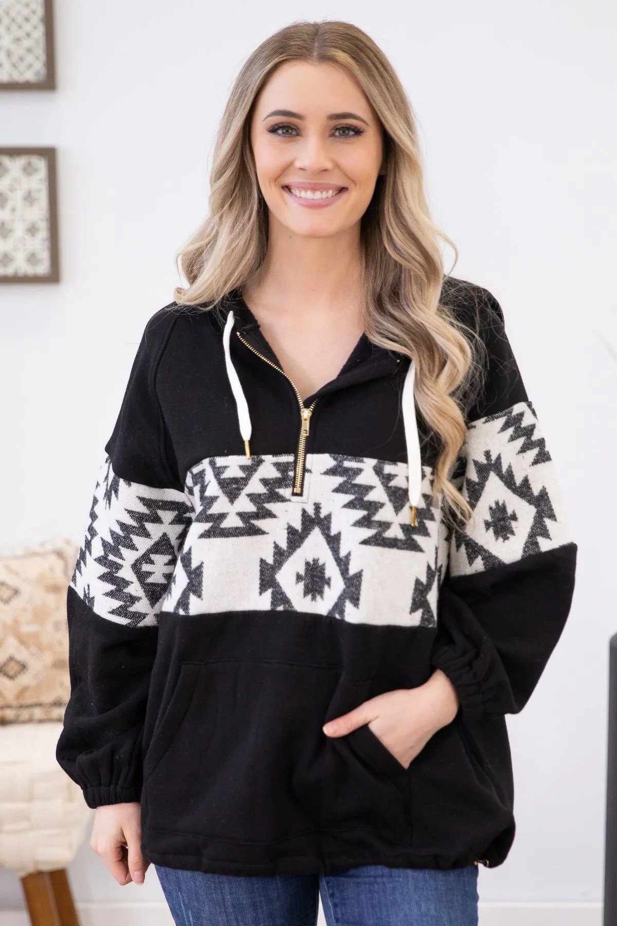 Black 1/4 Zip Pullover with Aztec