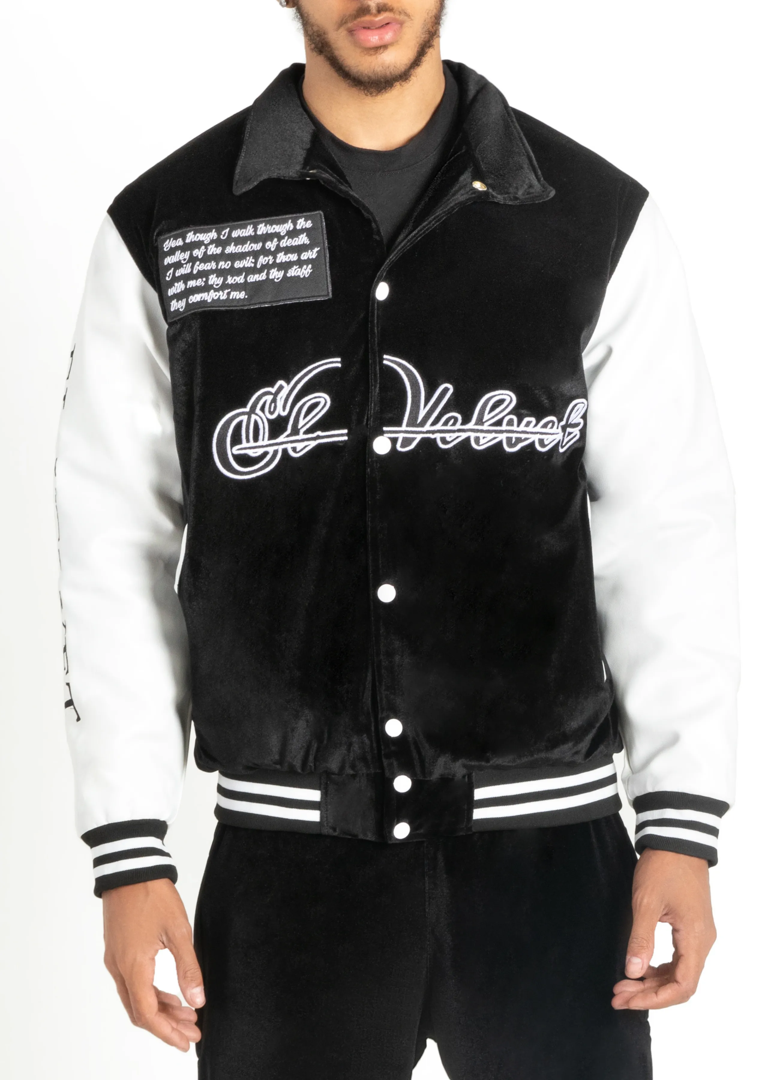 Black & White Scriptures Velvet Varsity Jacket