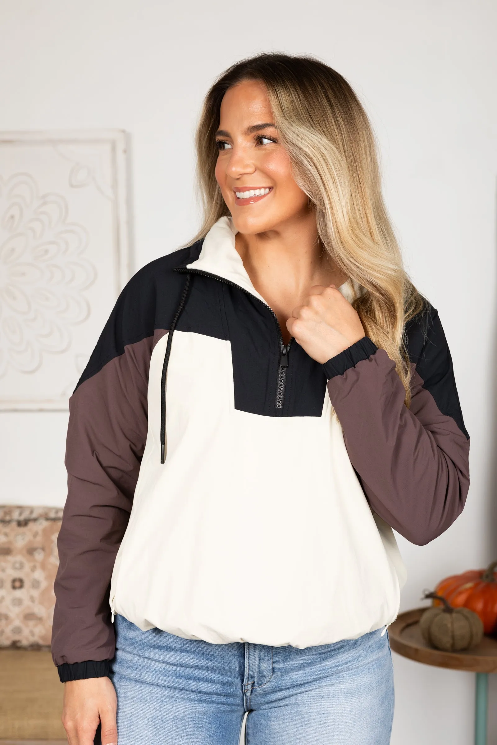 Black Colorblock 3/4 Zip Active Jacket