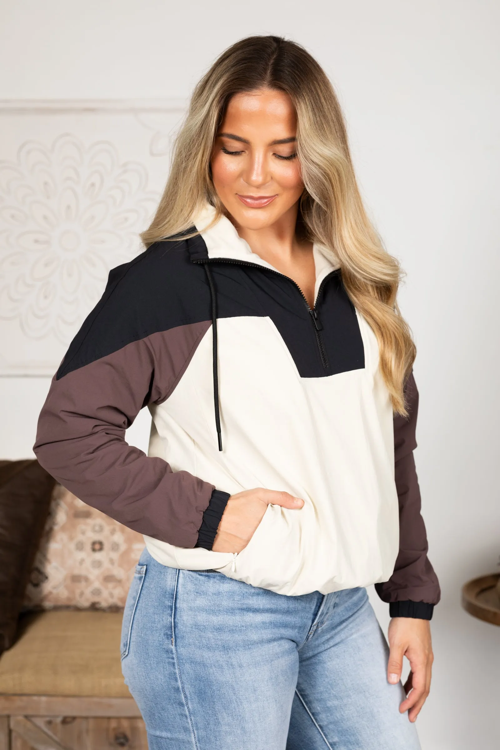 Black Colorblock 3/4 Zip Active Jacket