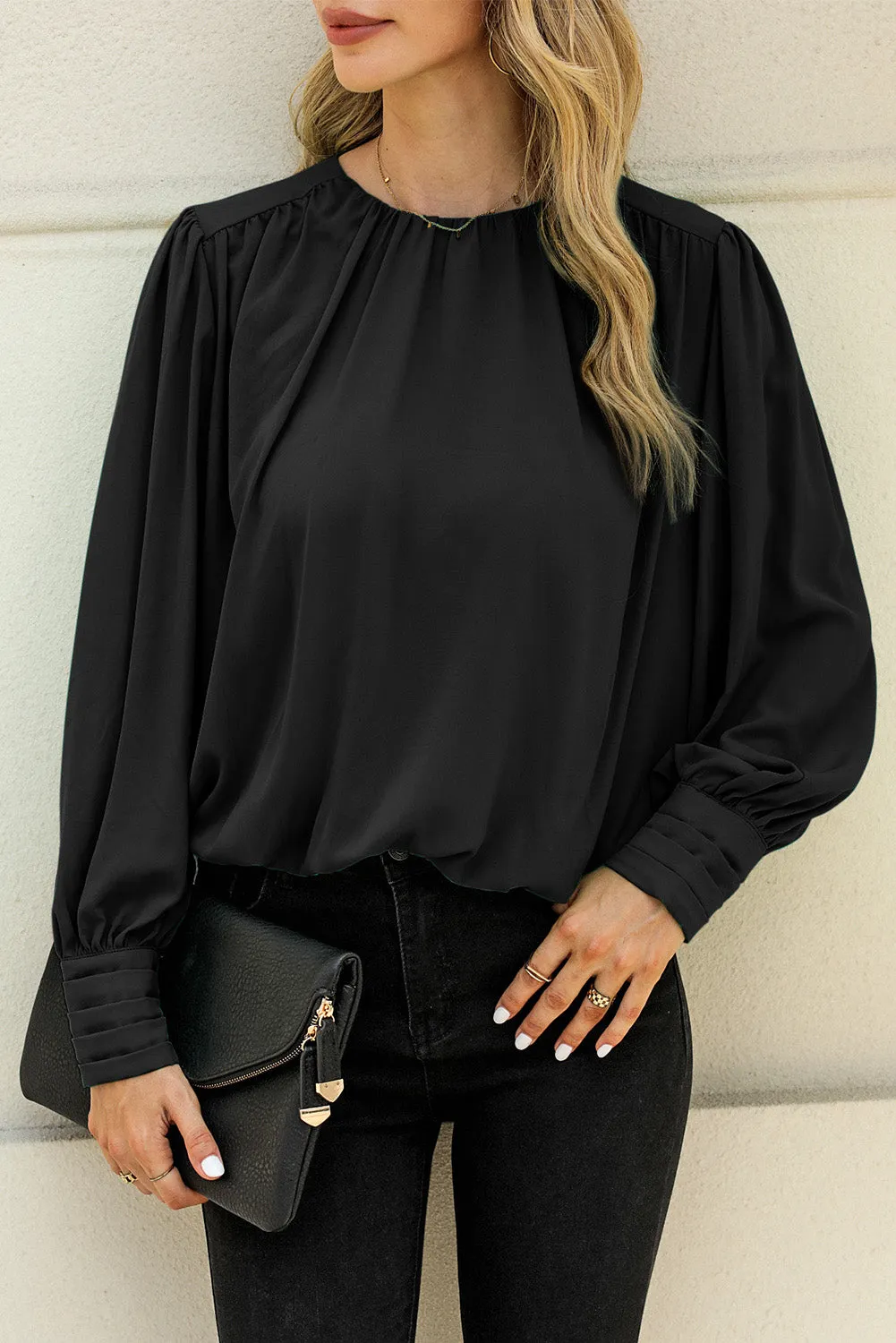 Black Padded Shoulder Buttoned Cuffs Pleated Loose Blouse