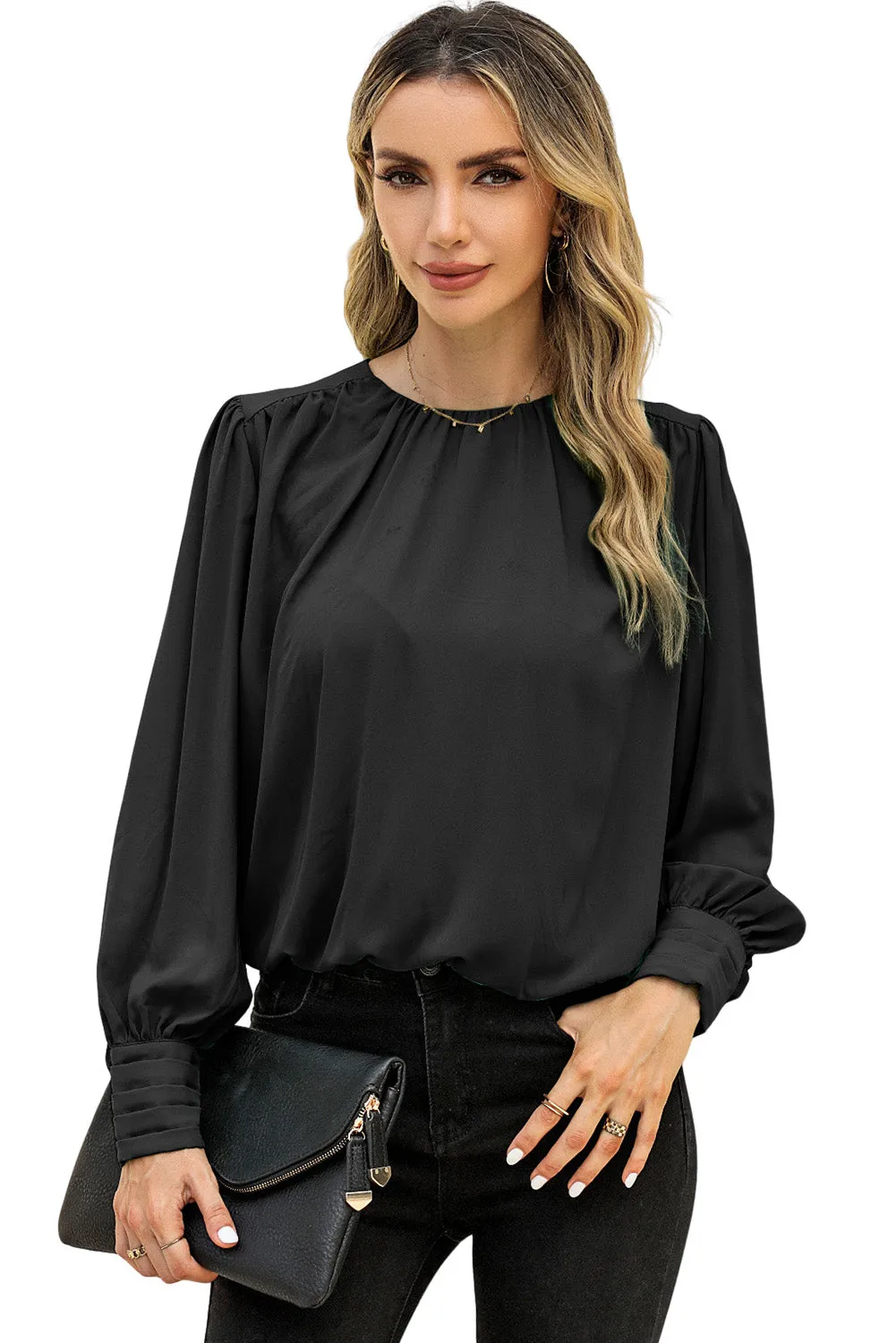 Black Padded Shoulder Buttoned Cuffs Pleated Loose Blouse