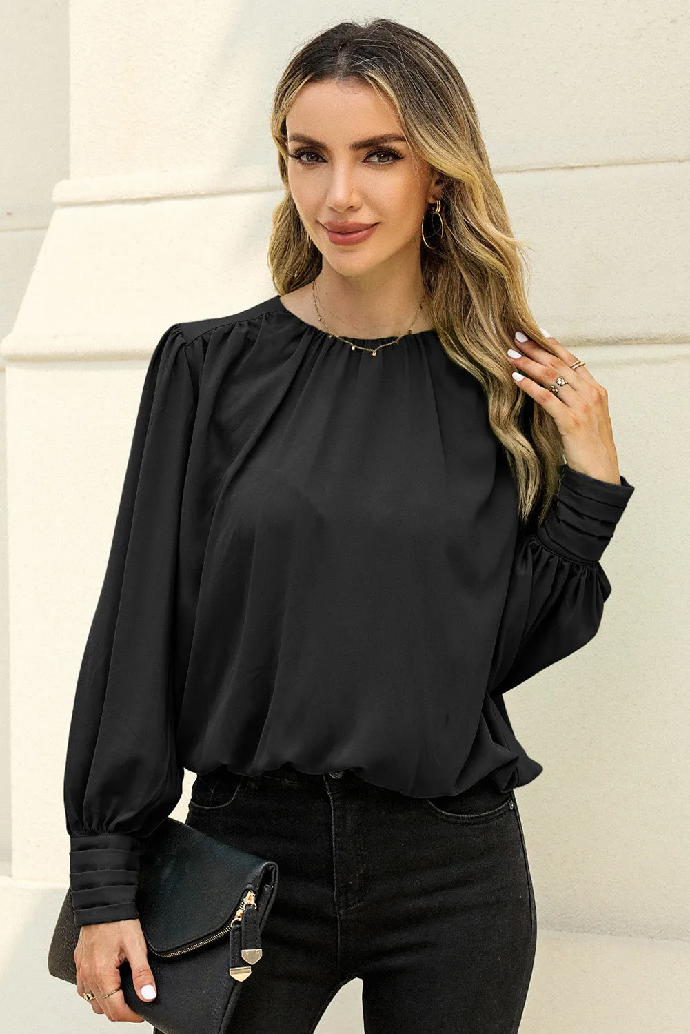 Black Padded Shoulder Buttoned Cuffs Pleated Loose Blouse