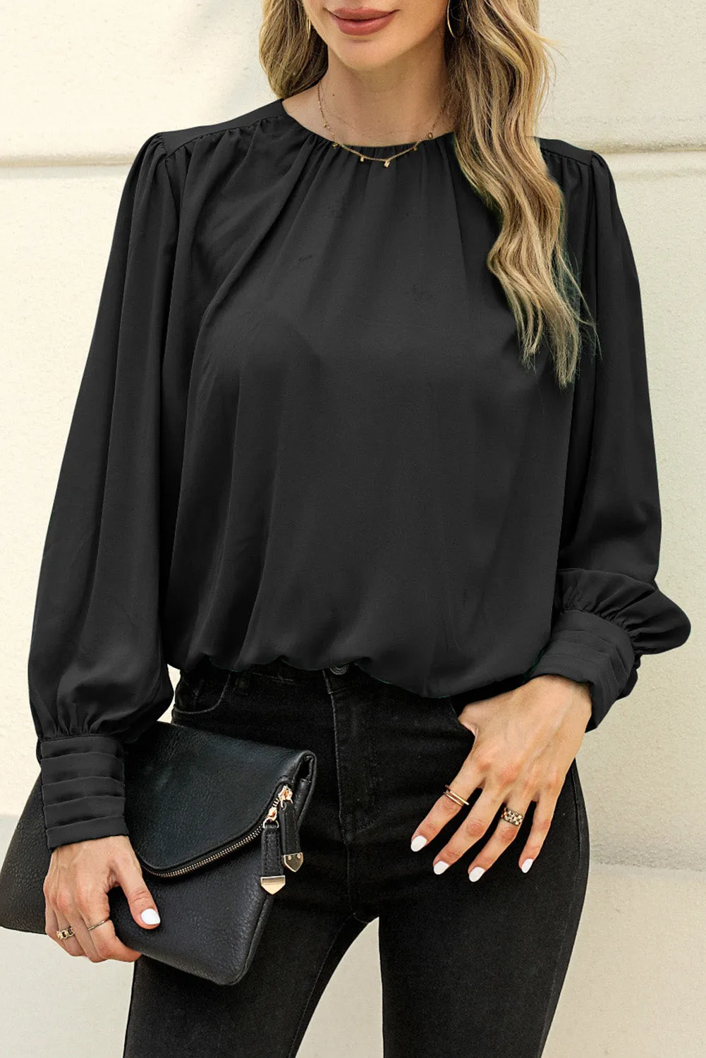 Black Padded Shoulder Buttoned Cuffs Pleated Loose Blouse