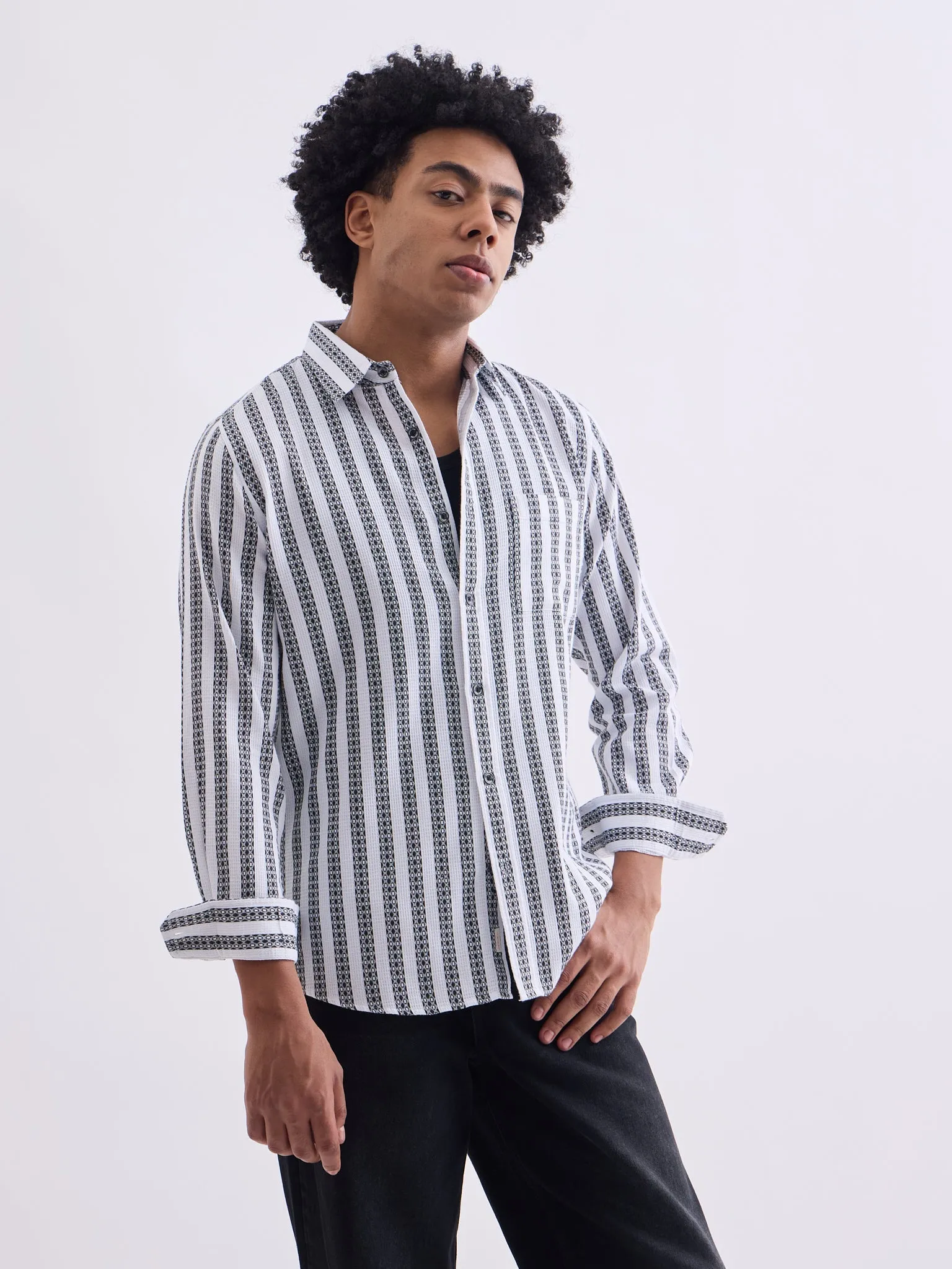 Black Striped Cotton Slim Fit Shirt