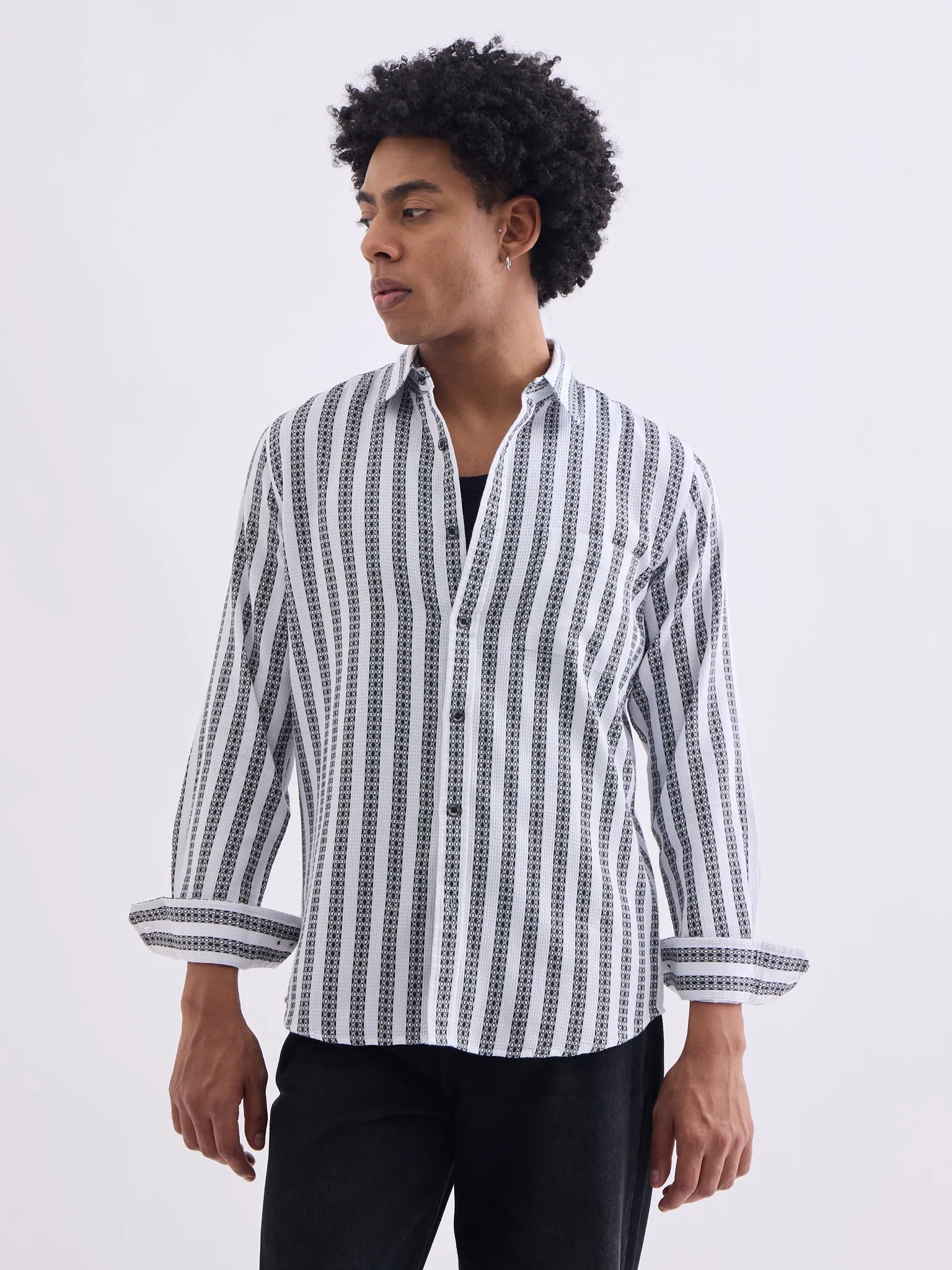 Black Striped Cotton Slim Fit Shirt