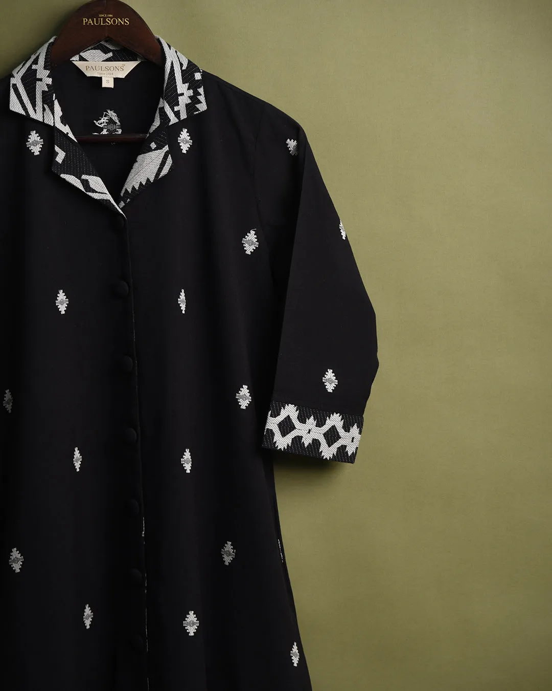 Black With White Cotton Jamdaani Woven Ready-To-Wear A Line Kurta Set With Pant