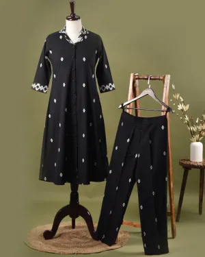 Black With White Cotton Jamdaani Woven Ready-To-Wear A Line Kurta Set With Pant