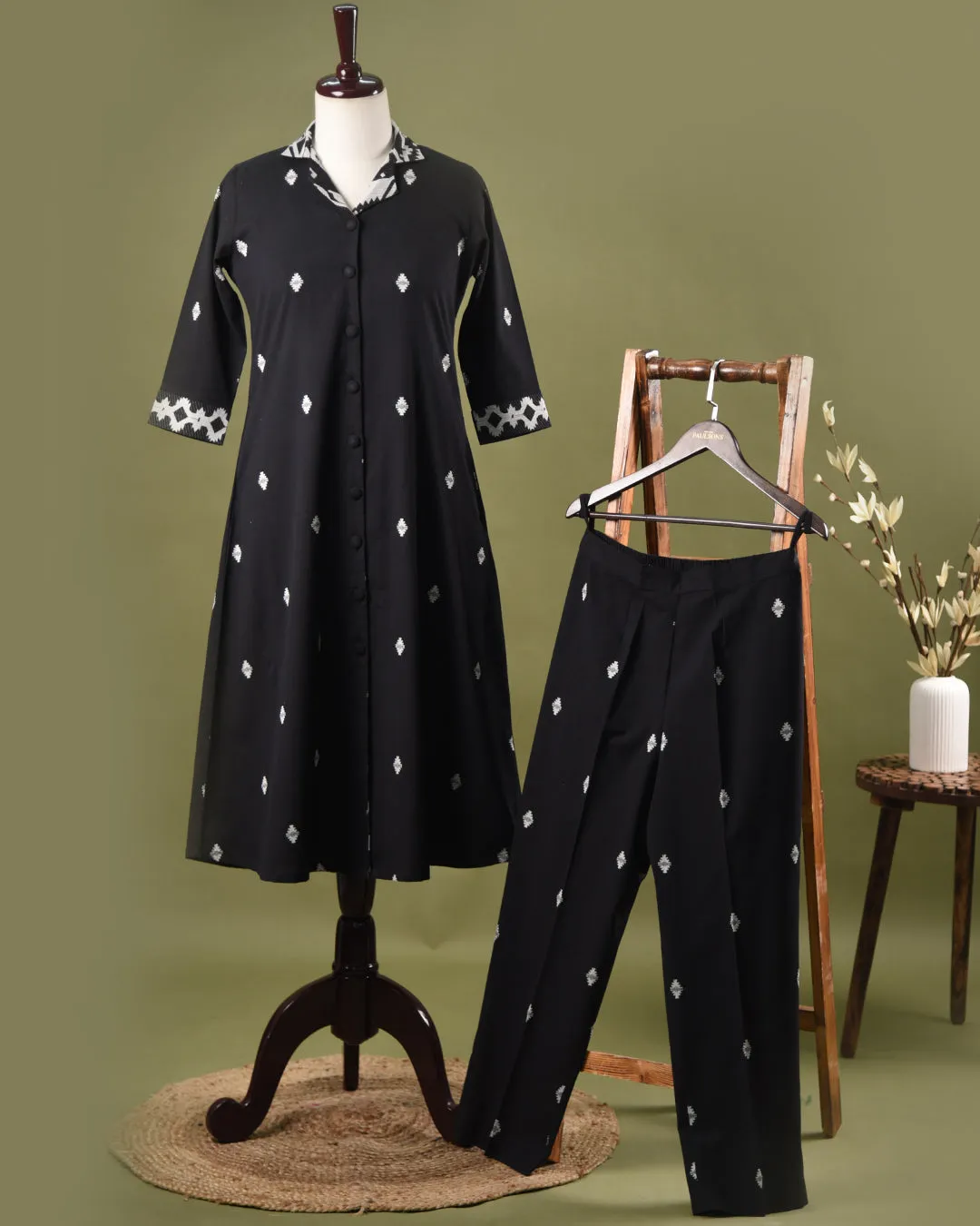 Black With White Cotton Jamdaani Woven Ready-To-Wear A Line Kurta Set With Pant