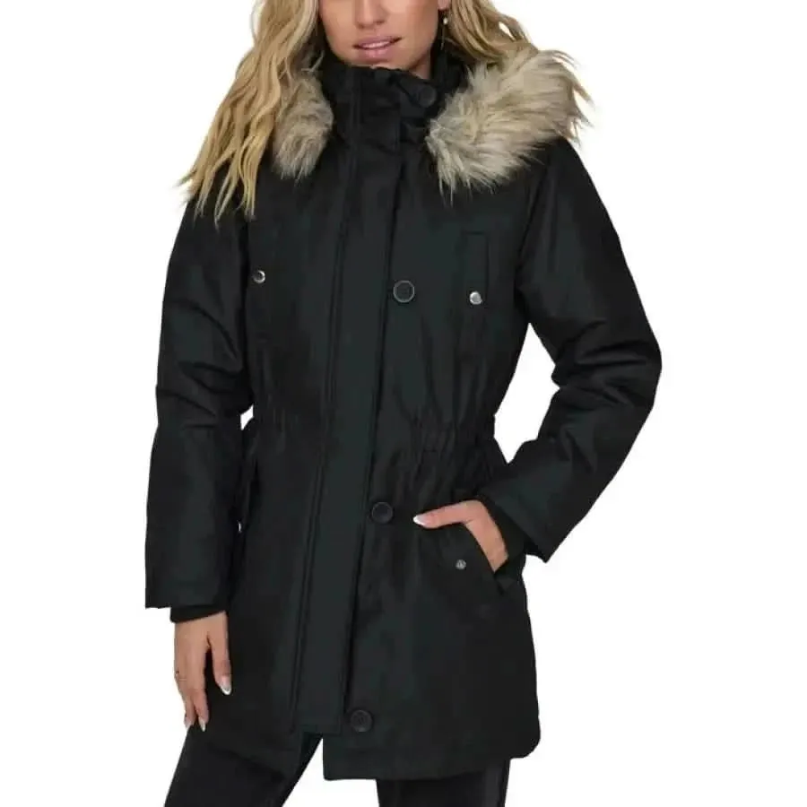 Black Women's Jacket with Hood and Front Pockets