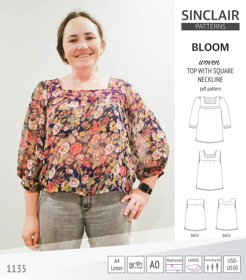 Bloom square neckline woven top with a split hem (PDF)