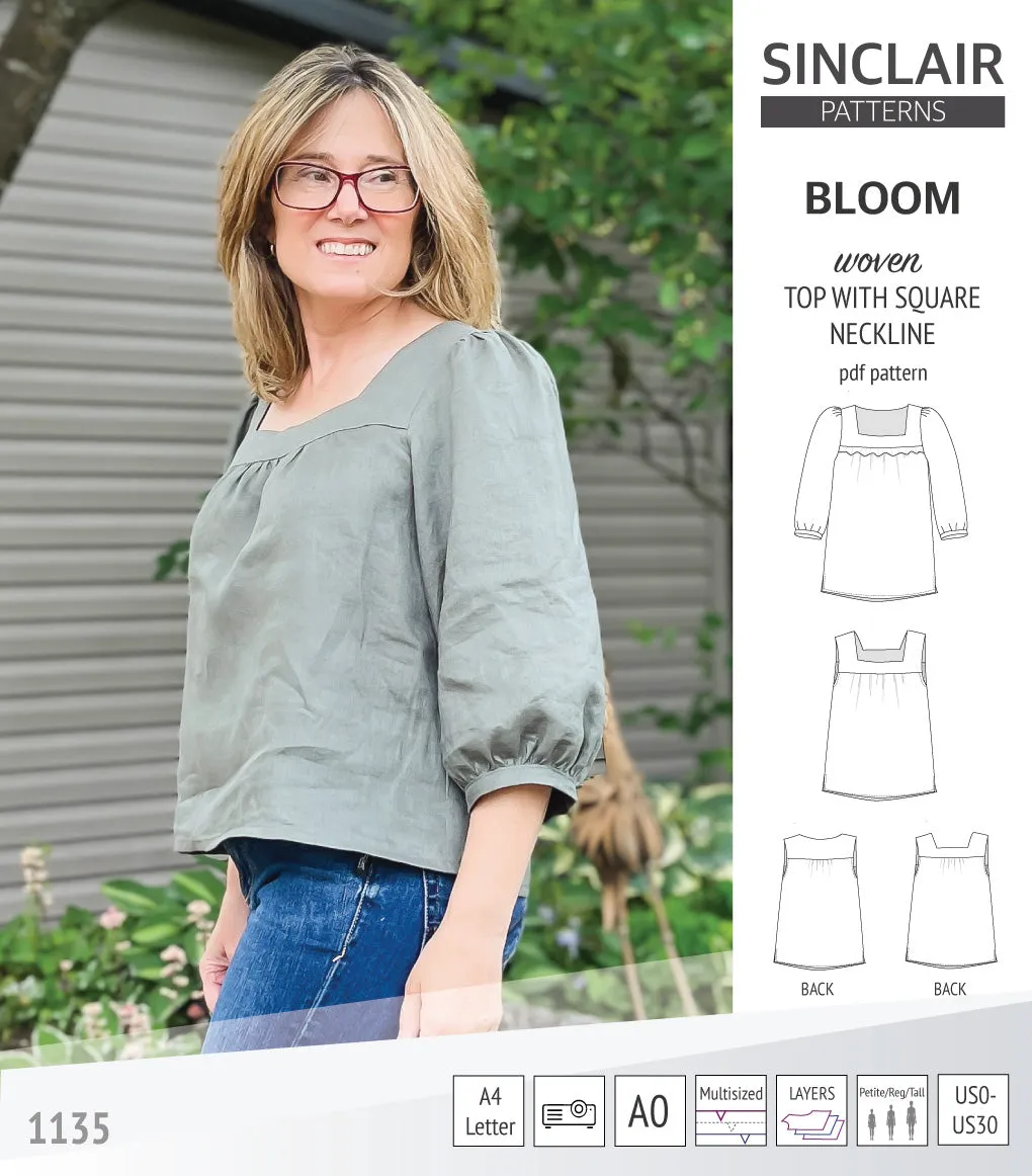 Bloom square neckline woven top with a split hem (PDF)