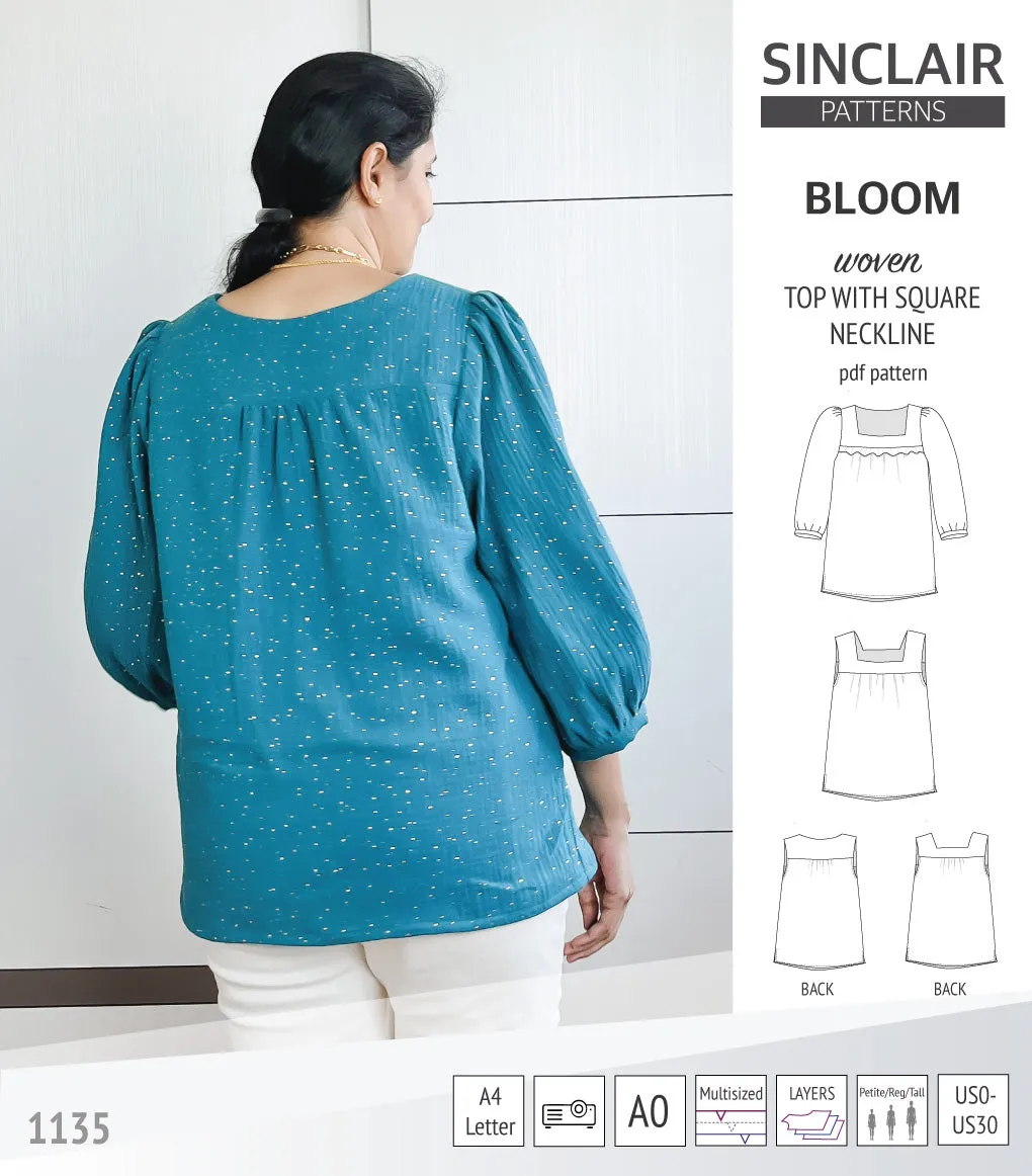 Bloom square neckline woven top with a split hem (PDF)