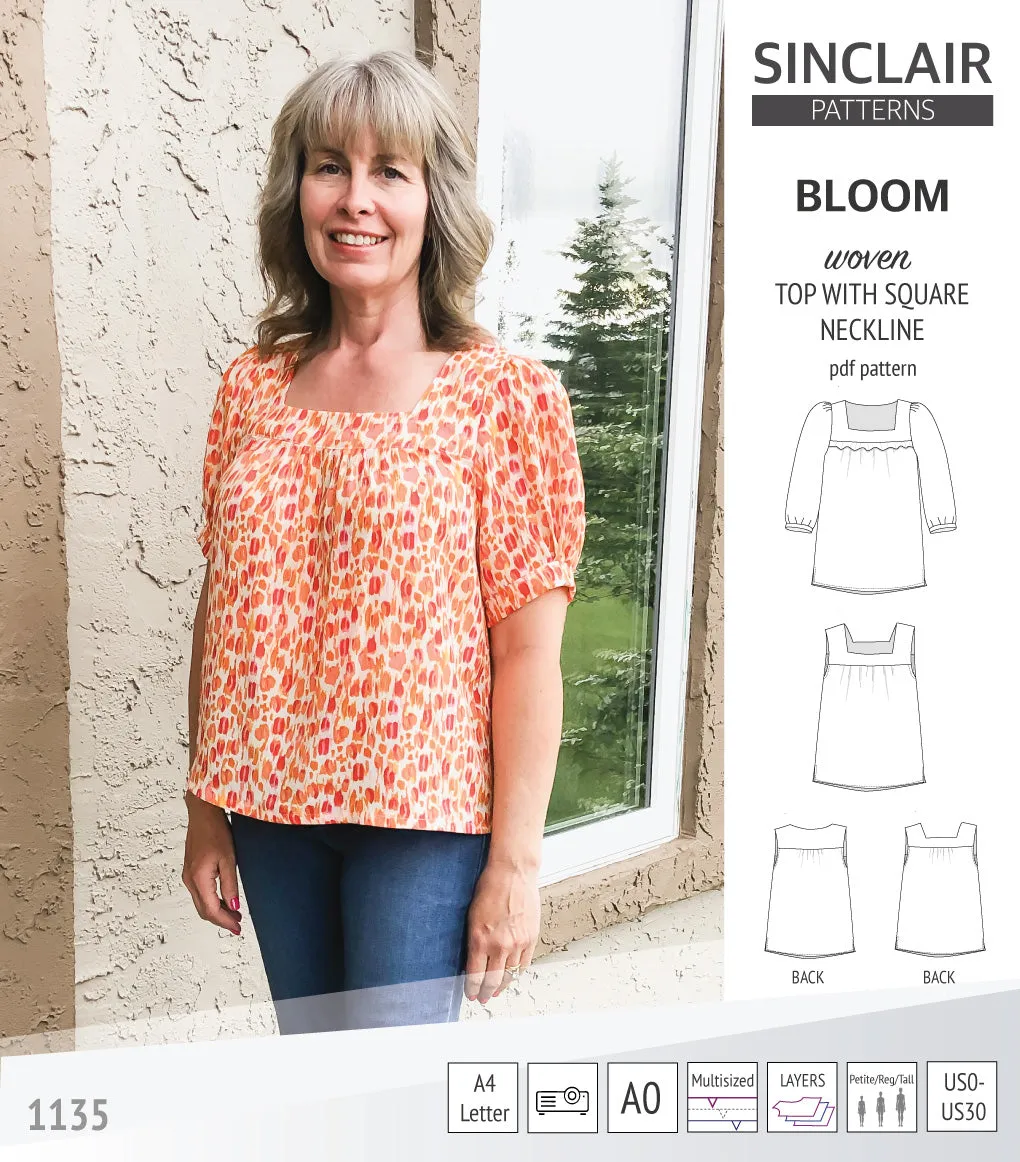 Bloom square neckline woven top with a split hem (PDF)