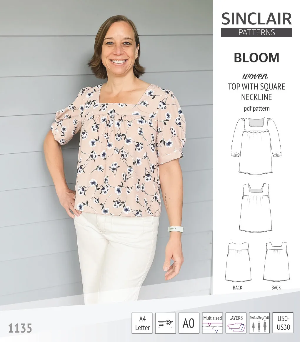 Bloom square neckline woven top with a split hem (PDF)