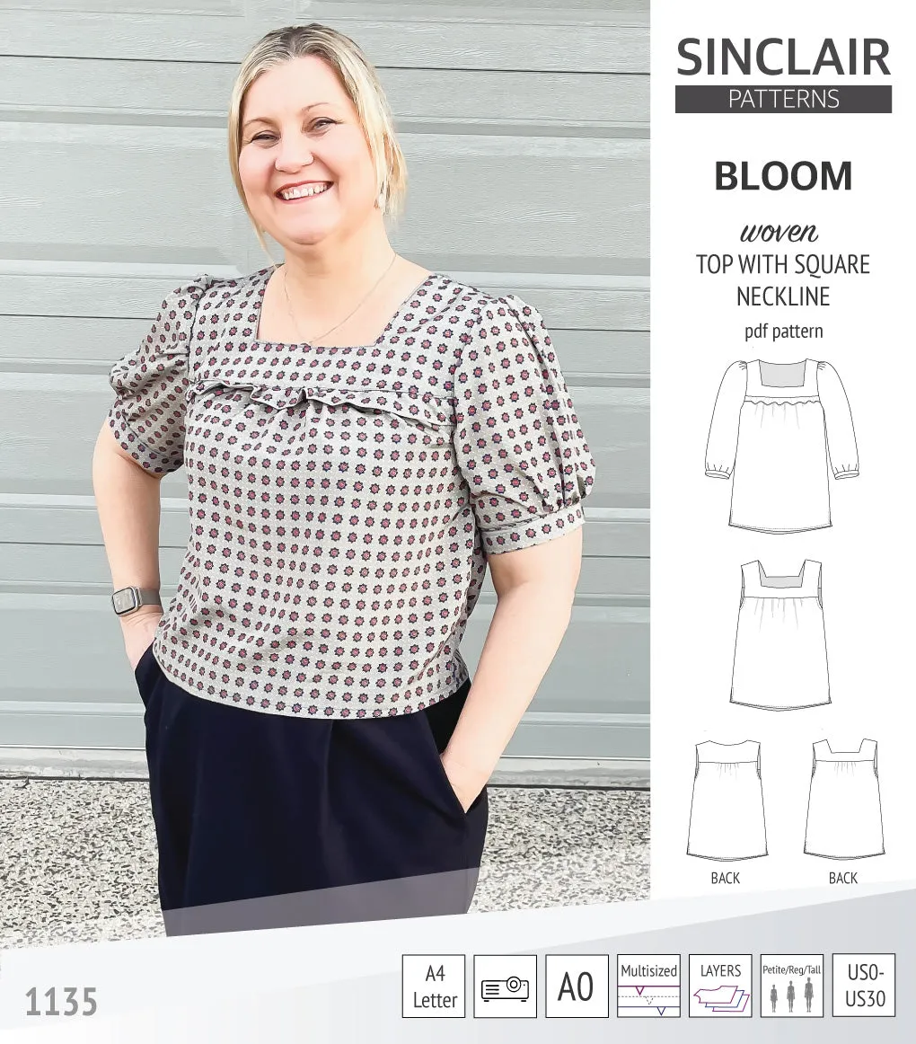 Bloom square neckline woven top with a split hem (PDF)