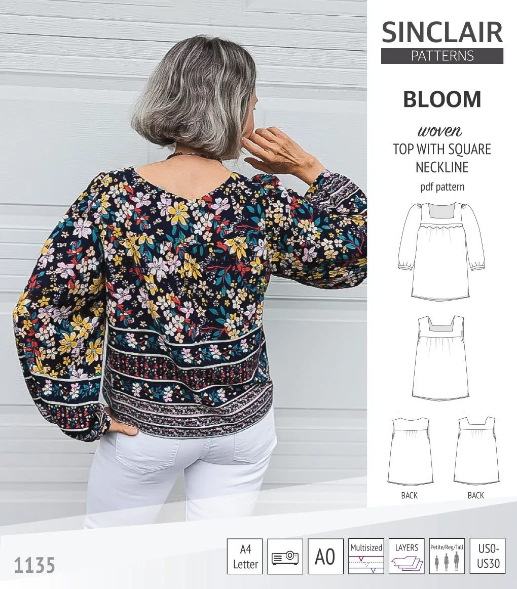 Bloom square neckline woven top with a split hem (PDF)