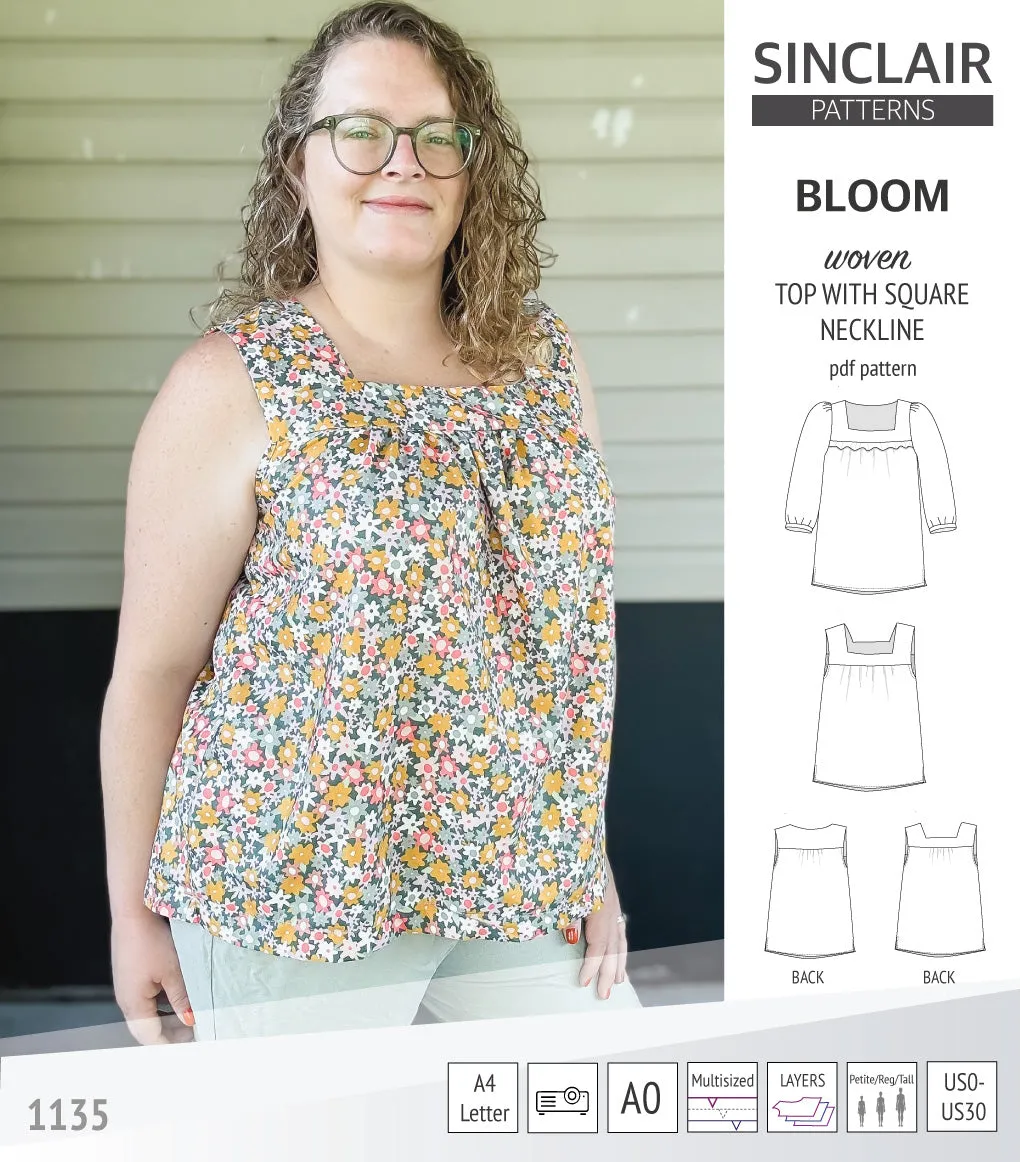 Bloom square neckline woven top with a split hem (PDF)