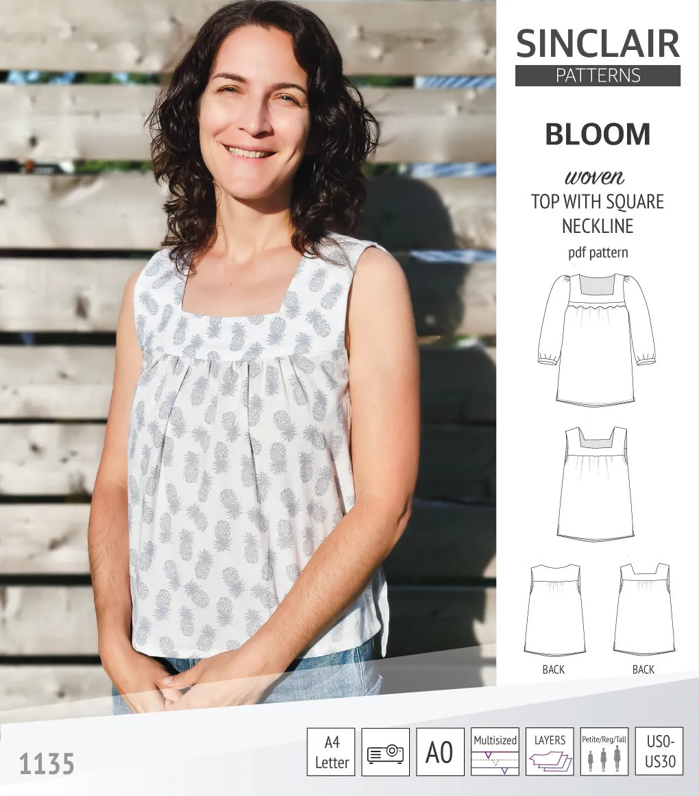 Bloom square neckline woven top with a split hem (PDF)