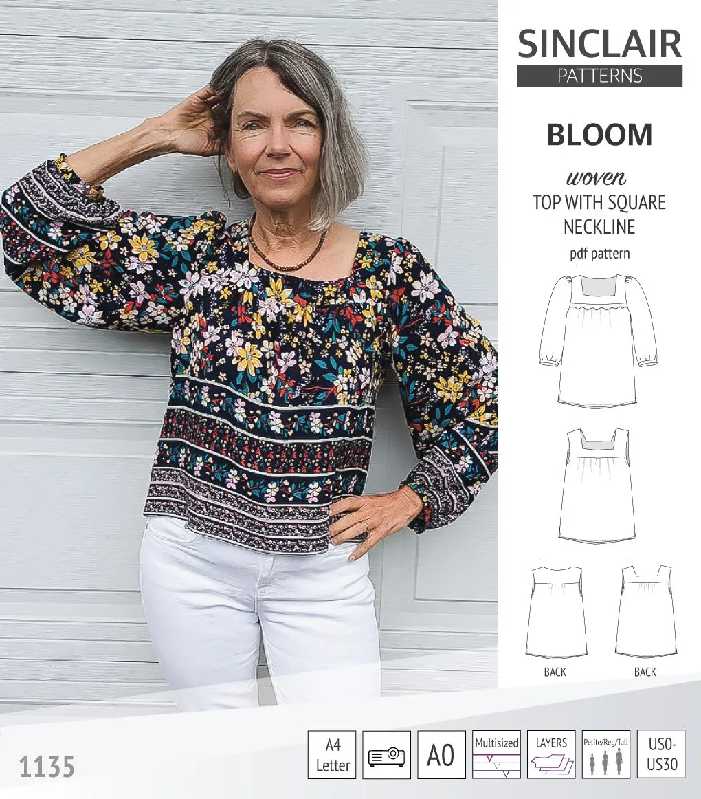 Bloom square neckline woven top with a split hem (PDF)