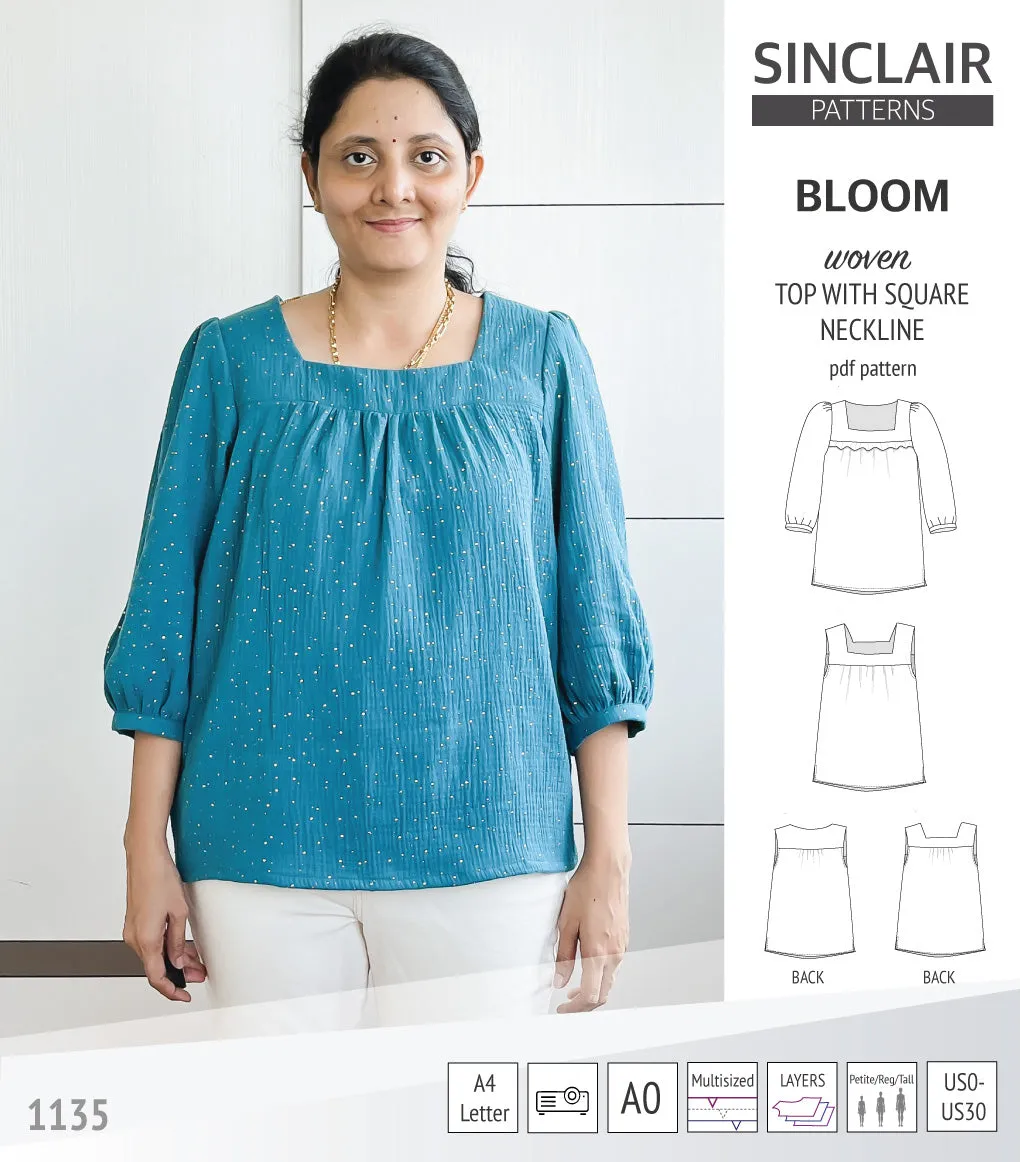 Bloom square neckline woven top with a split hem (PDF)