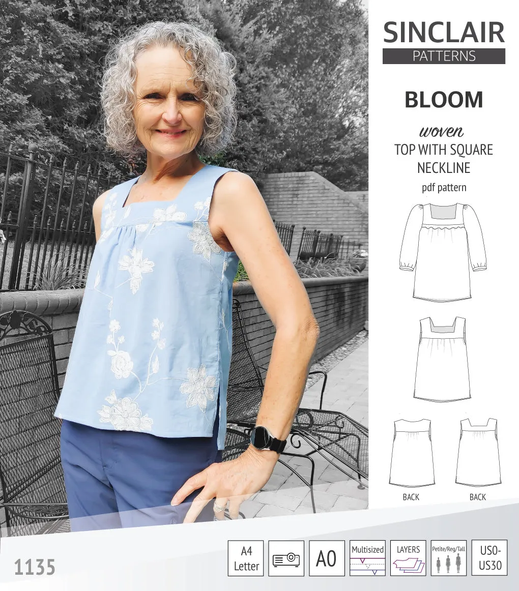 Bloom square neckline woven top with a split hem (PDF)
