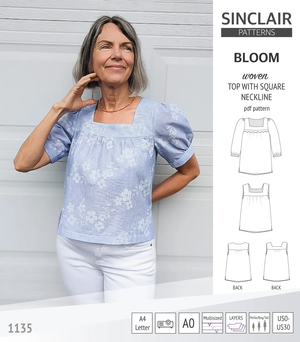 Bloom square neckline woven top with a split hem (PDF)