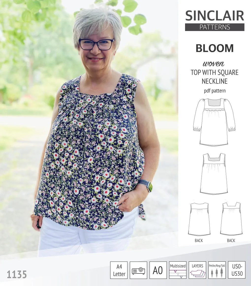 Bloom square neckline woven top with a split hem (PDF)