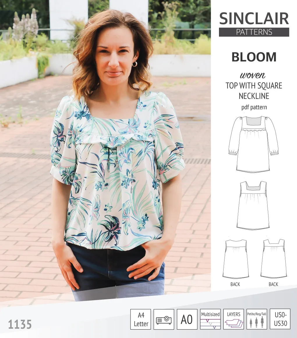 Bloom square neckline woven top with a split hem (PDF)