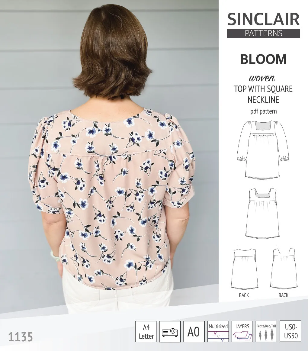 Bloom square neckline woven top with a split hem (PDF)