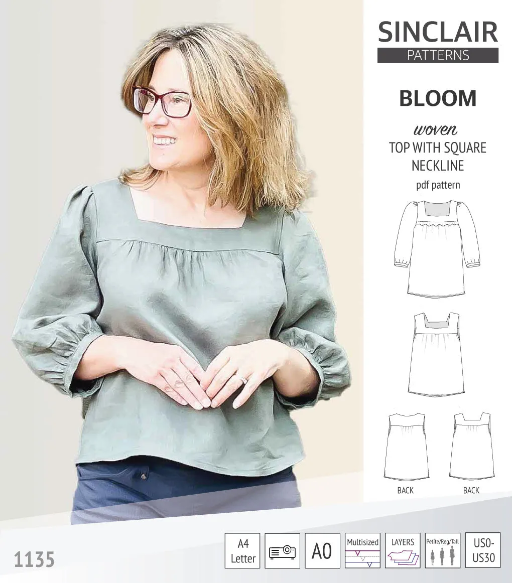Bloom square neckline woven top with a split hem (PDF)
